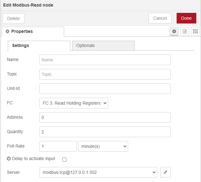 Modbus node configuration Modbus node configuration