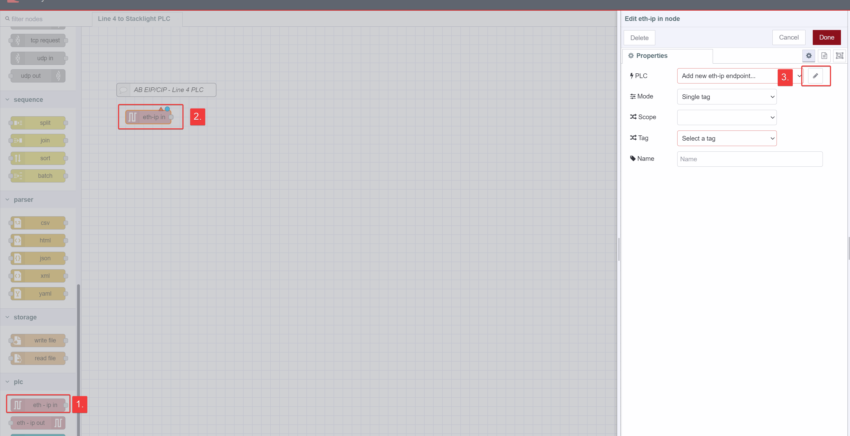 "Screenshot showing dragged 'eth-ip in' node and it's config tab"