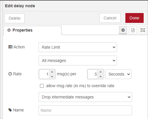 "Screenshot showing the delay node properties tab"