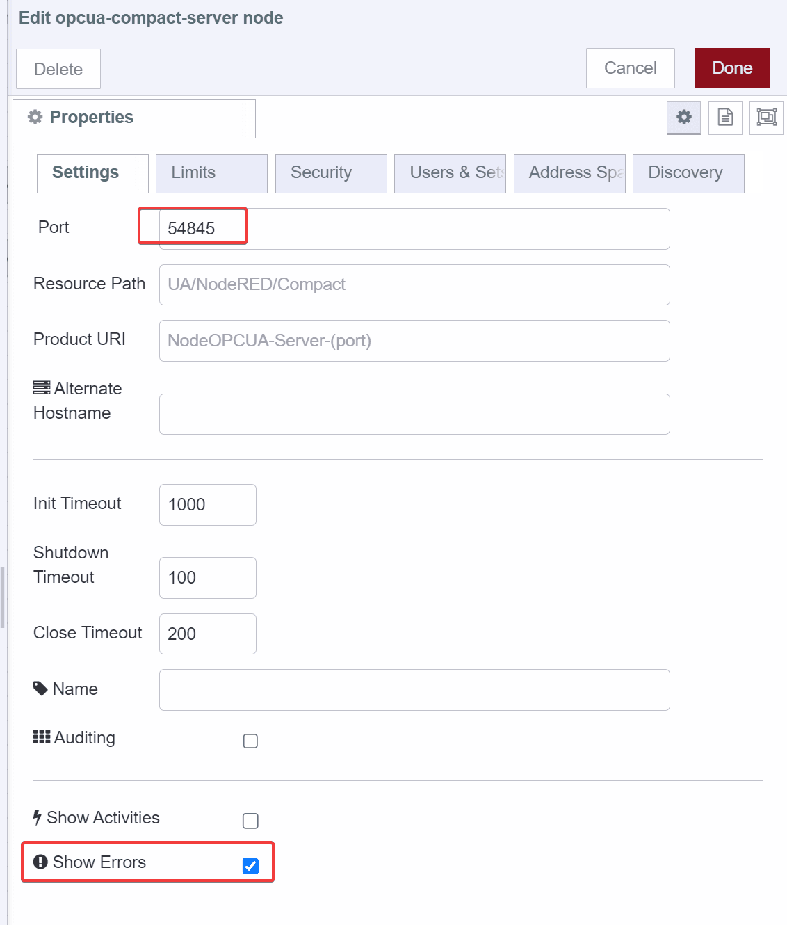 Screenshot showing the Settings Tab of compact server node