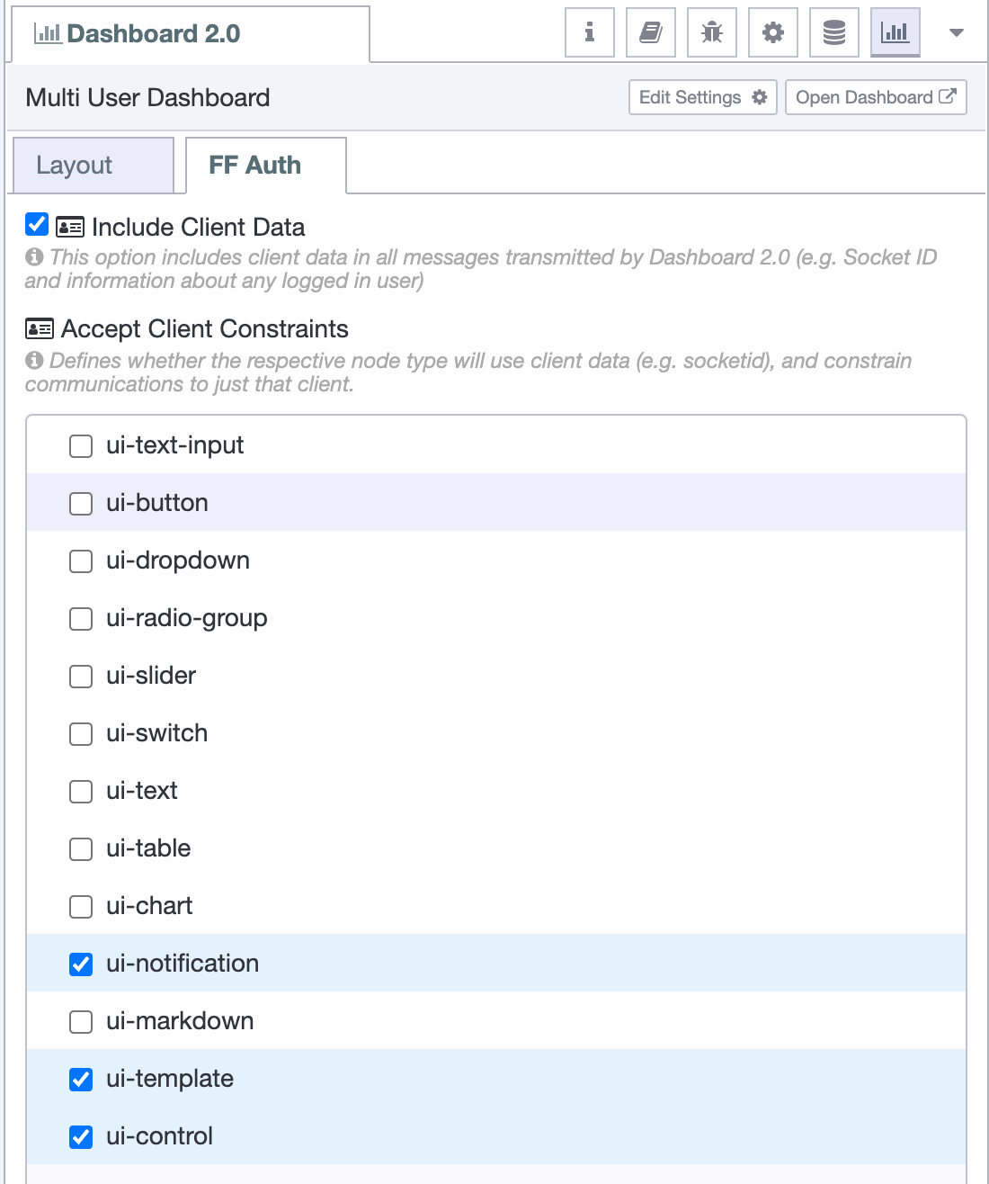 The new 'FF Auth' options available in Node-RED to allow for client constraints