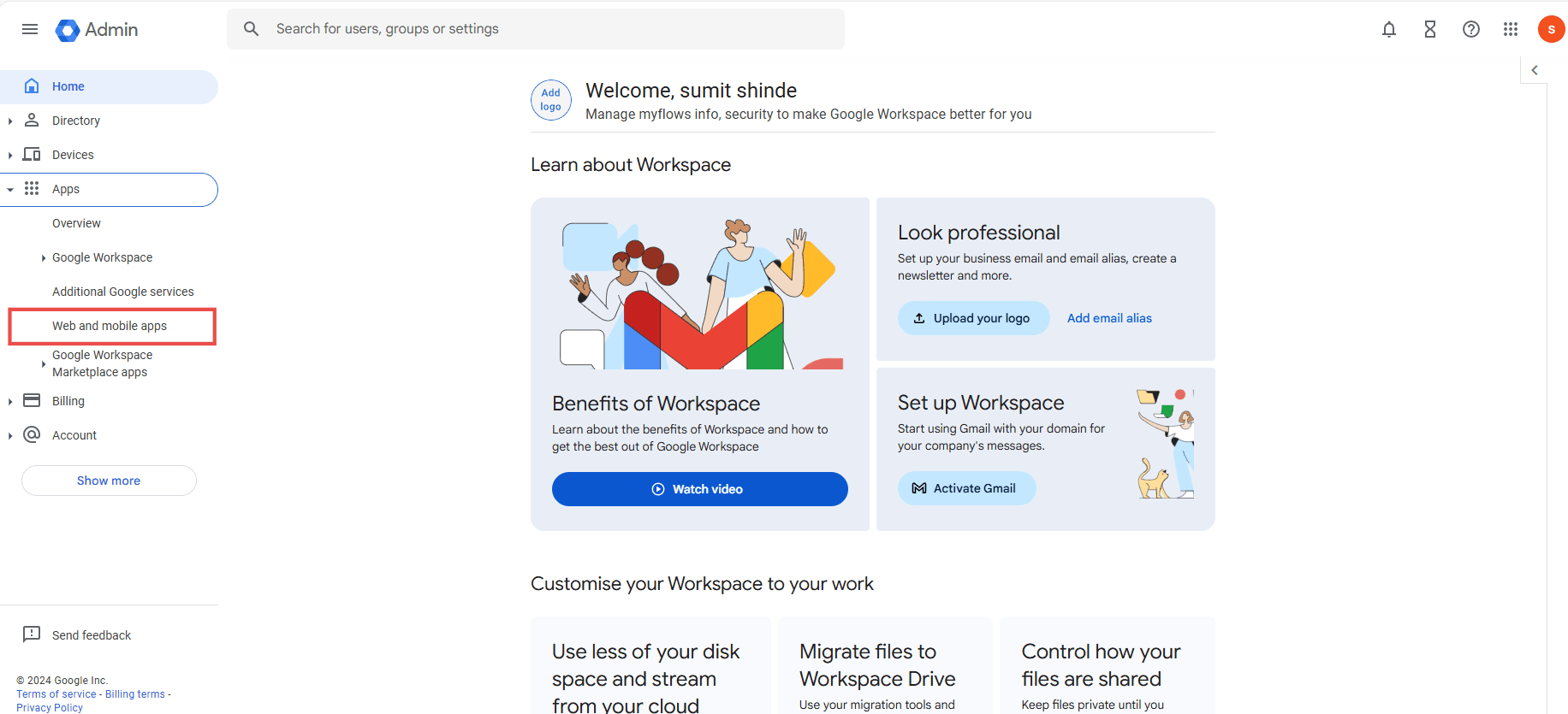 Screenshot showing the 'web and mobile apps' option in the sidebar in the Google workspace admin console "Screenshot showing the 'web and mobile apps' option in the sidebar in the Google workspace admin console"