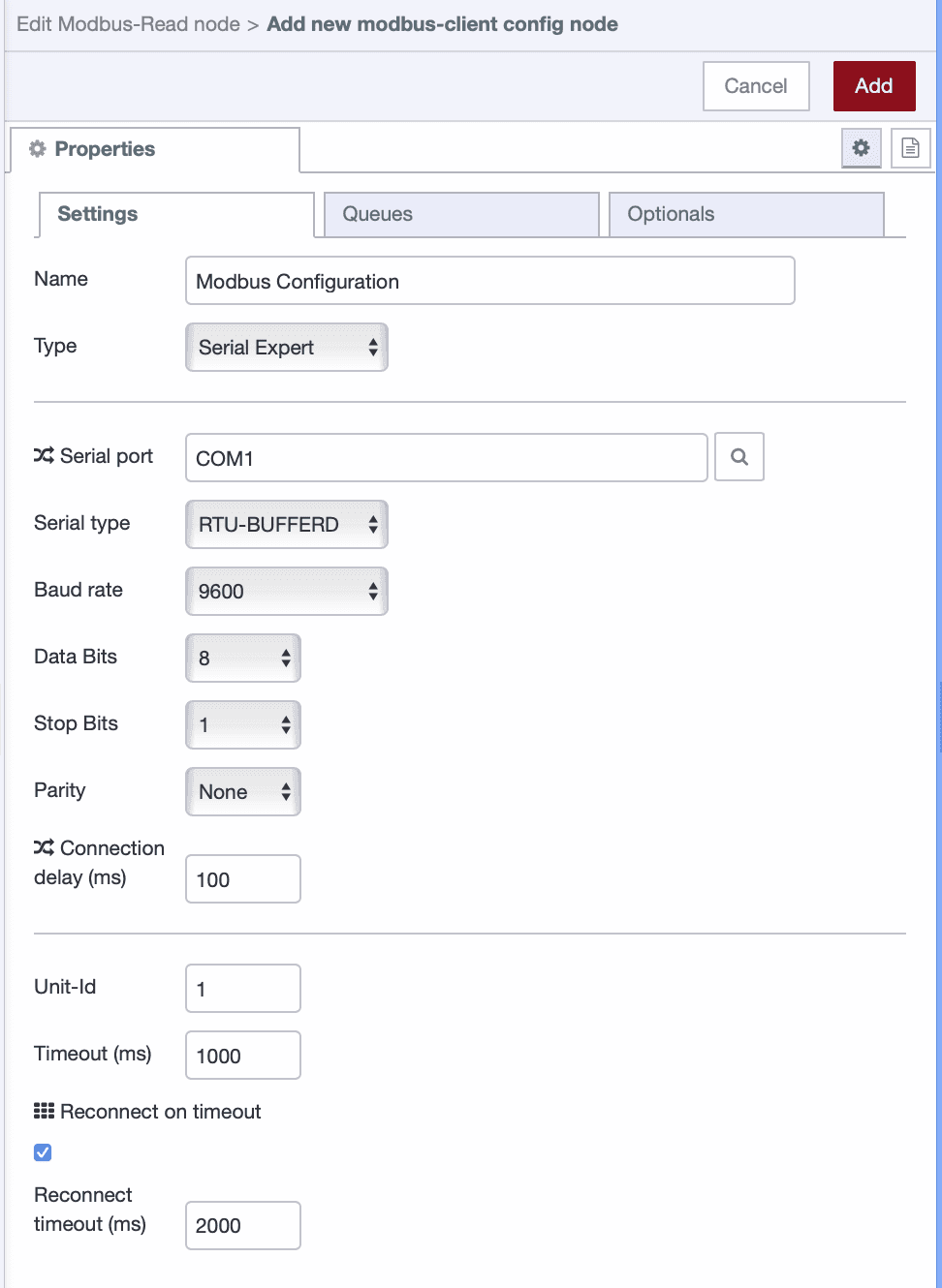 Serial port and communication settings for the Modbus device.