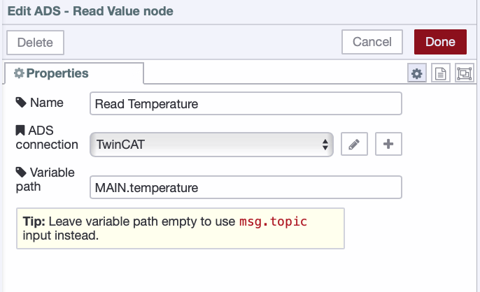 ADS Read Value node configuration showing variable name set to MAIN.temperature