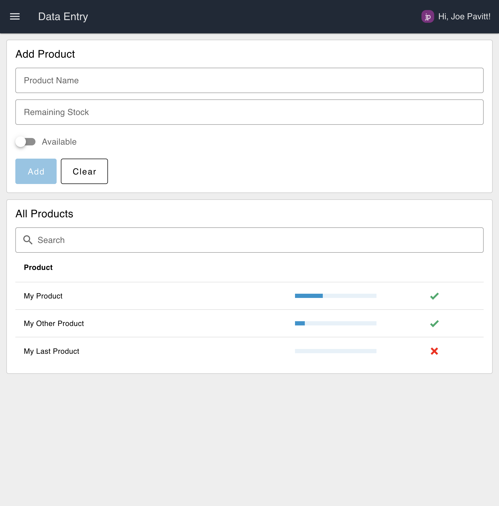 Screenshot of the Data Entry Form example