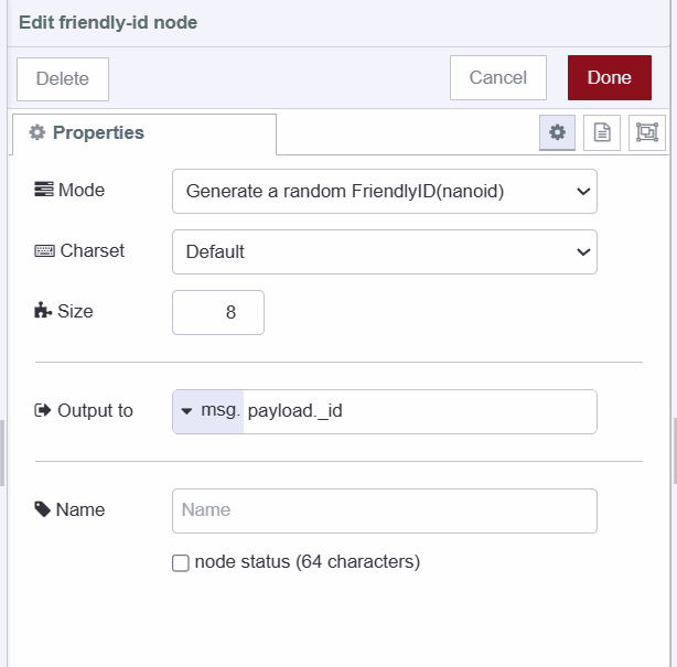 "Screenshot displaying friend-id node configuration"