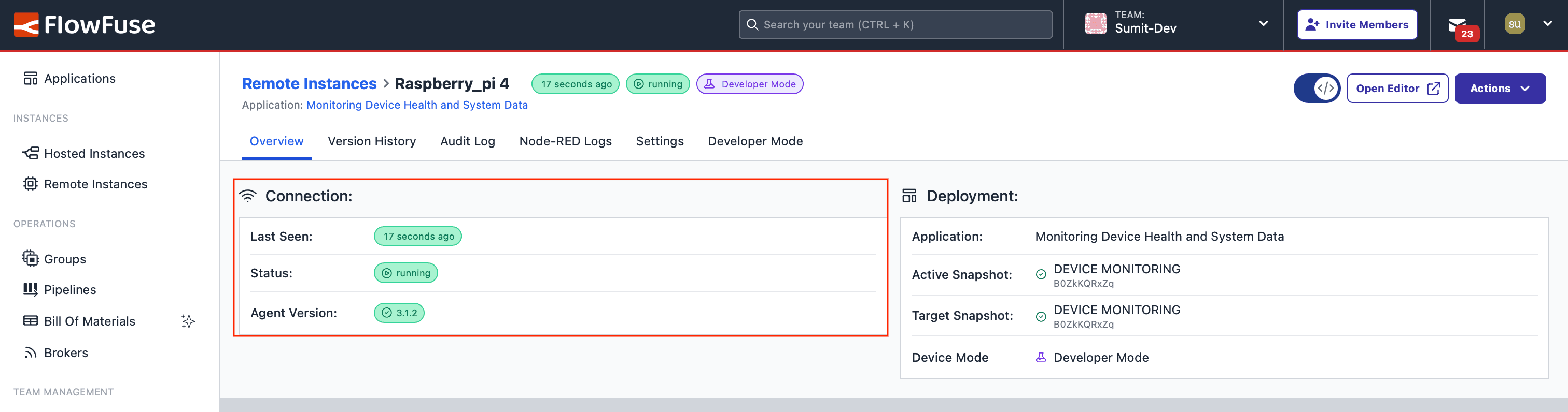 Status of the remote instance in FlowFuse, showing its connection and operational state Status of the remote instance in FlowFuse, showing its connection and operational state