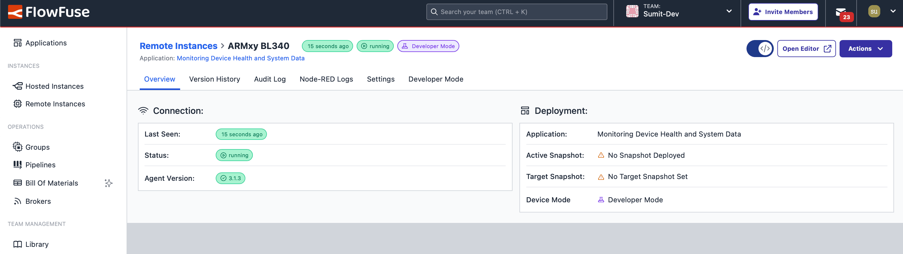 Status of the BLIIOT ARMxy BL340 remote instance in FlowFuse, showing its connection and operational state "Status of the BLIIOT ARMxy BL340 remote instance in FlowFuse, showing its connection and operational state"