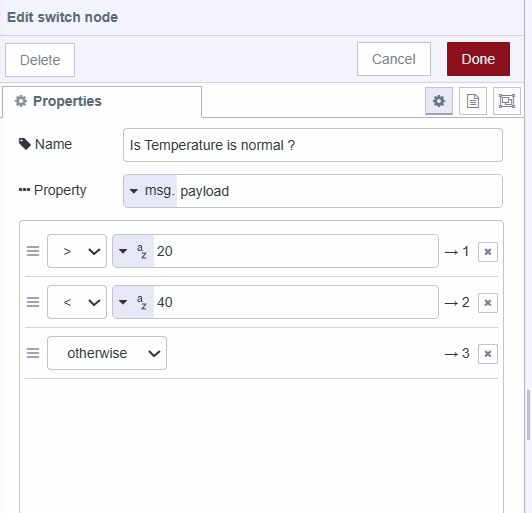 Screenshot displaying the switch node with conditions checking whether the temperature is normal or not "Screenshot displaying the switch node with conditions checking whether the temperature is normal or not"