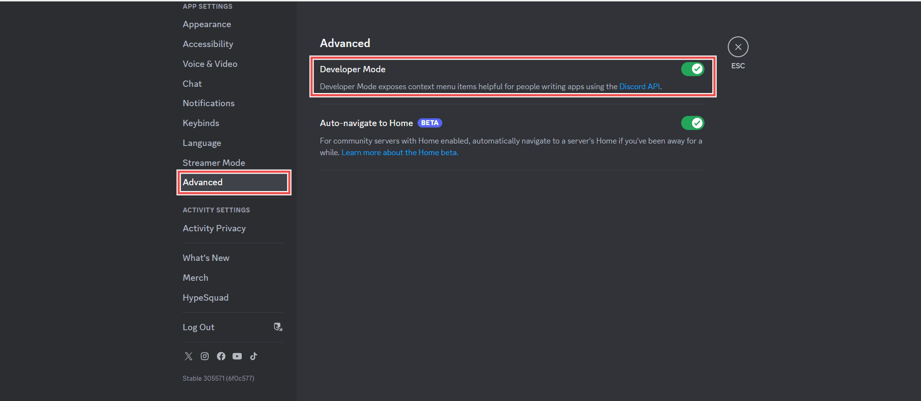 Screenshot showing the 'Developer mode' option "Screenshot showing the 'Developer mode' option"